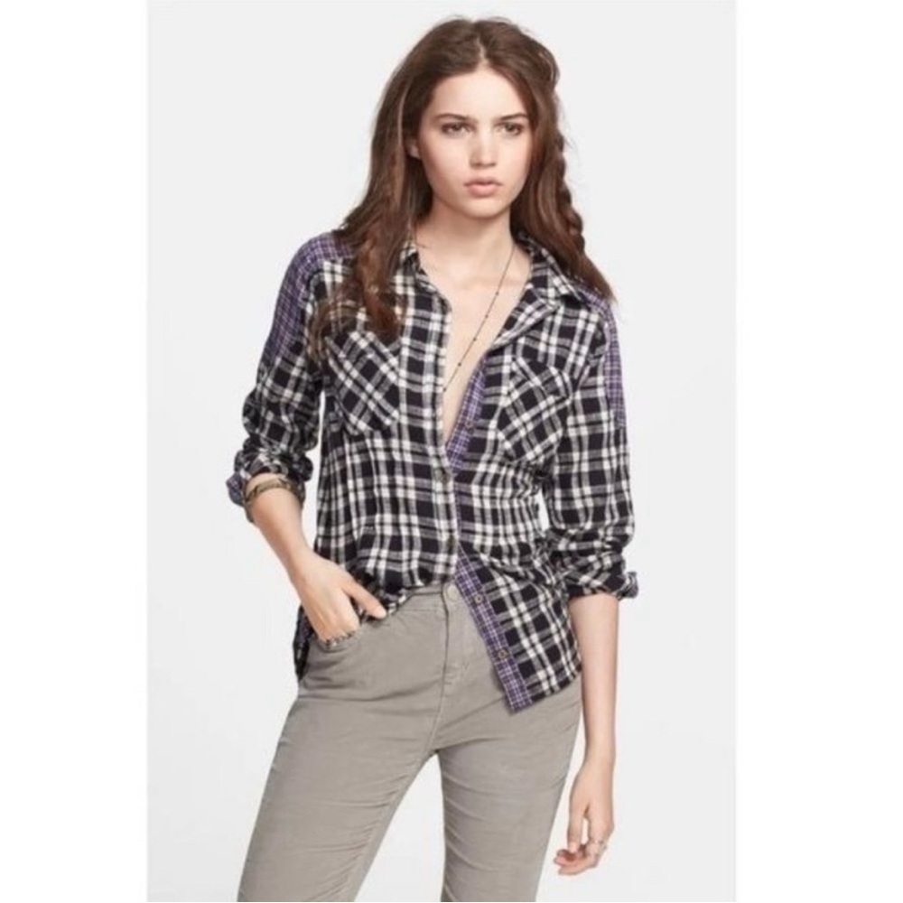 Free People Catch Up with Me Plaid Flannel Button-Up Shirt Size S
